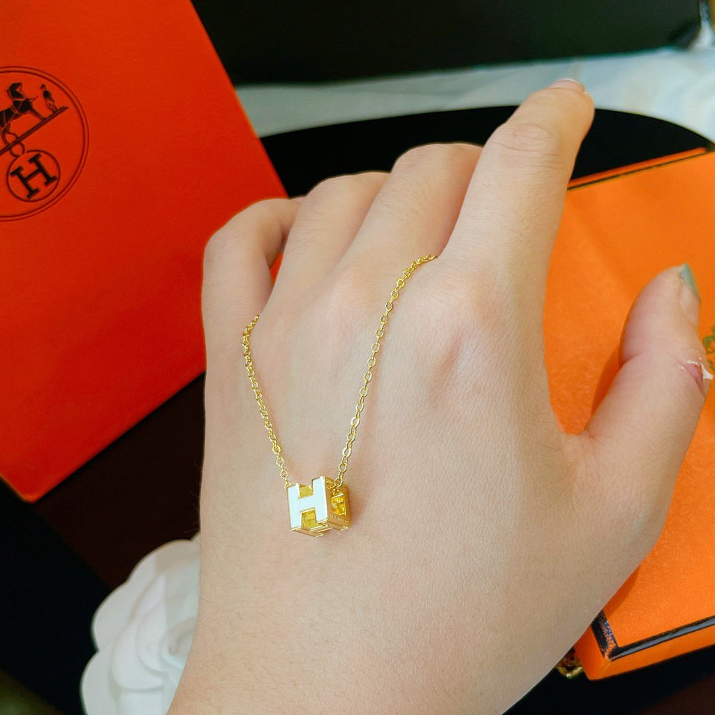 Hermes H White Square Gold Necklace