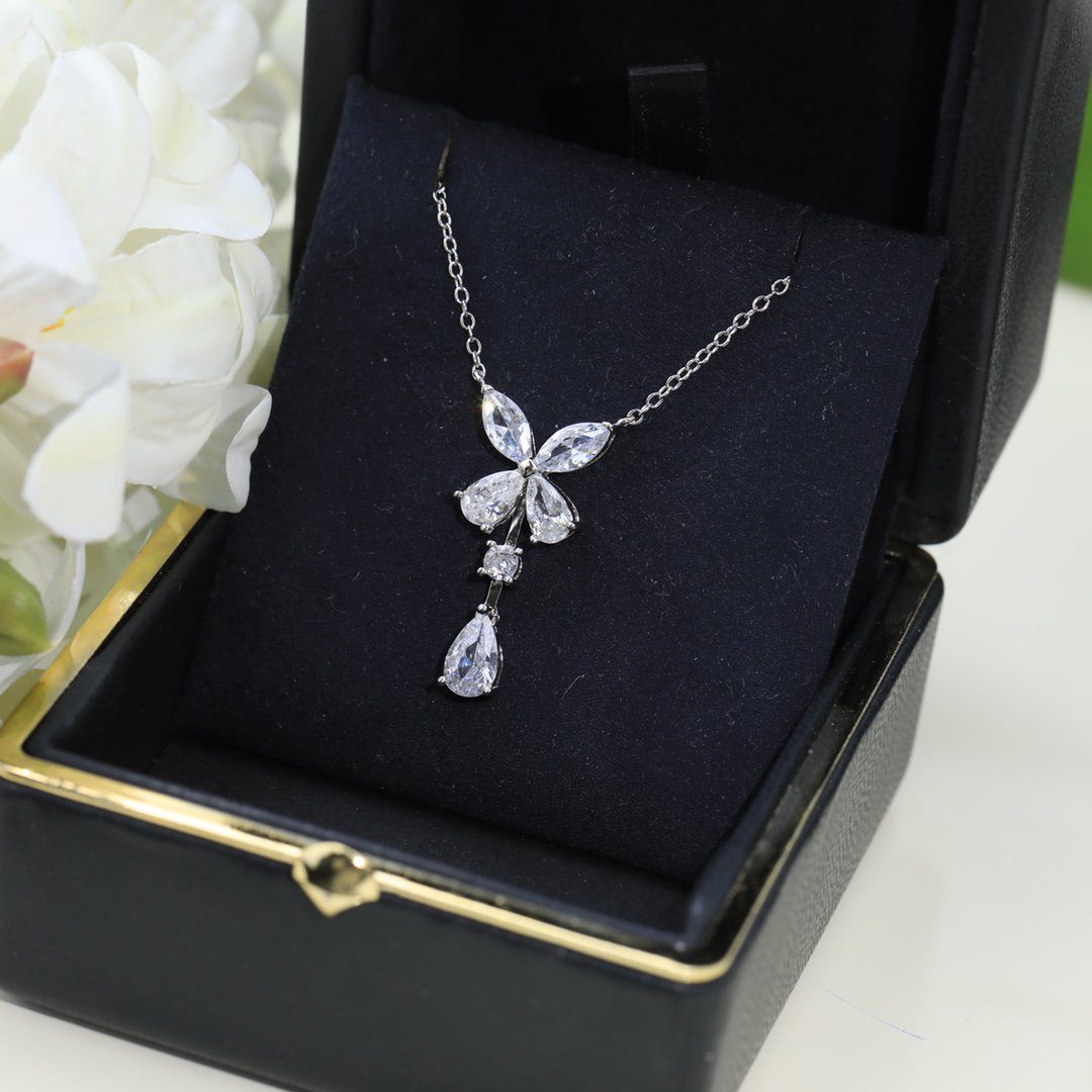 Graff Butterfly Pear Shape Classic Silver Cubic Zirconia Drop Necklace