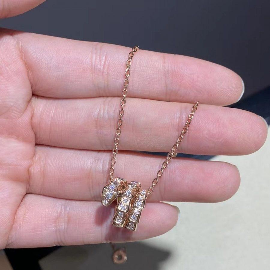 Bvlgari Serpenti Pink Gold Necklace Double Ring Cubic Zirconia