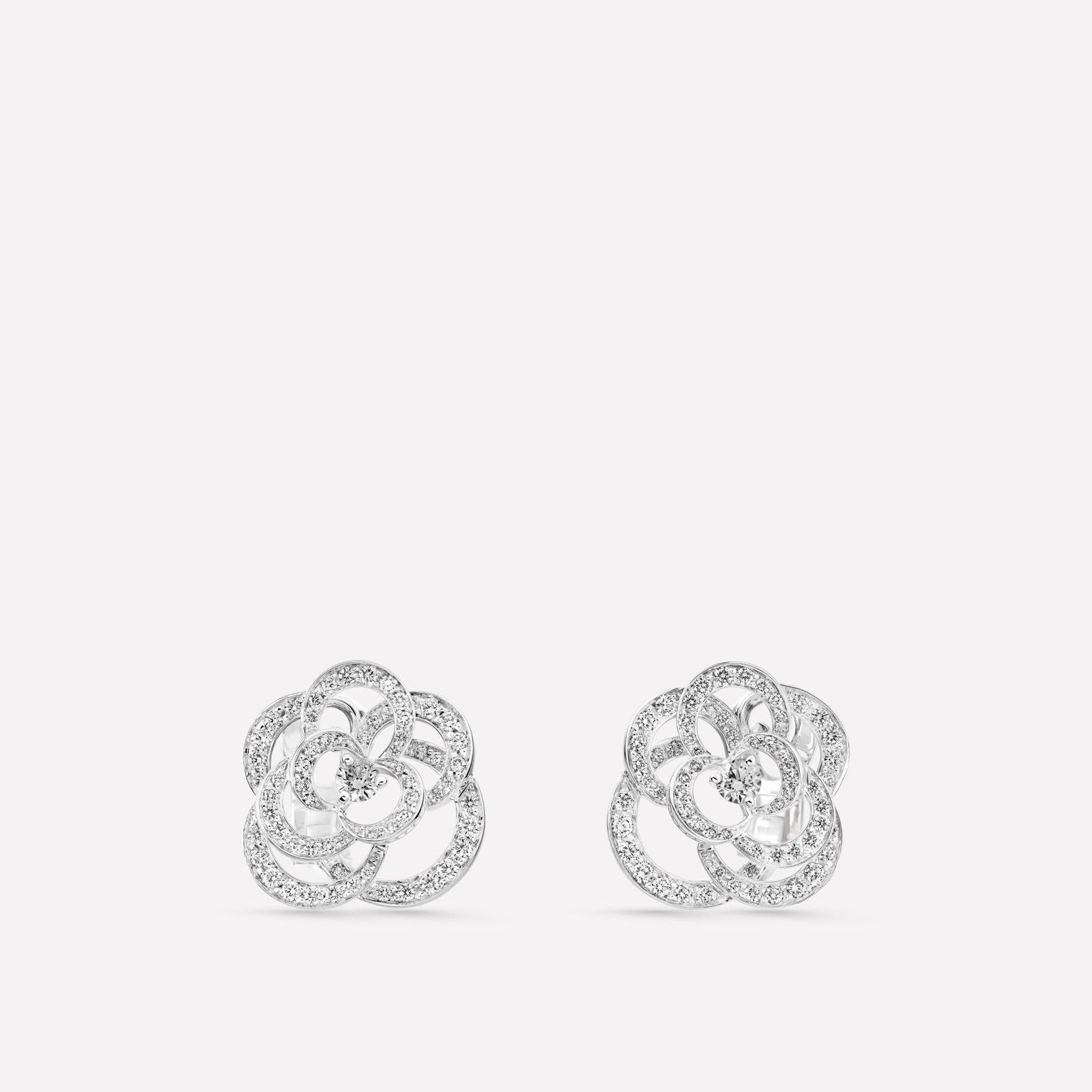 Chanel Fil de Camelia Earrings Silver Diamond
