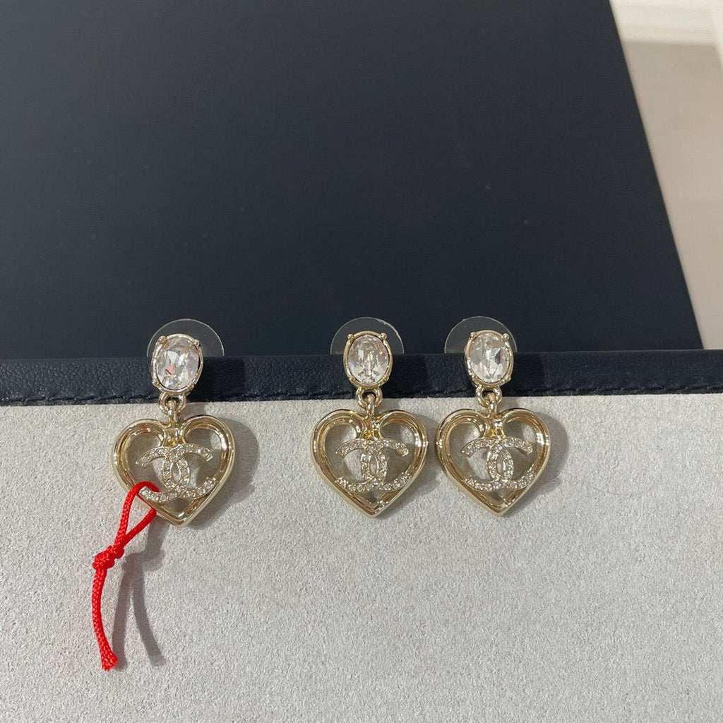 Chanel Strass Crystal Heart Drop Light Gold Earrings