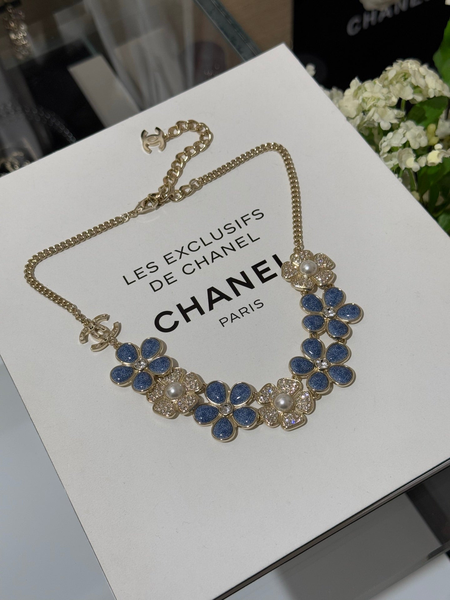 Chanel 2026 Denim Enamel Crystal Light Gold Double C Full Diamond Flower Pearl Necklace