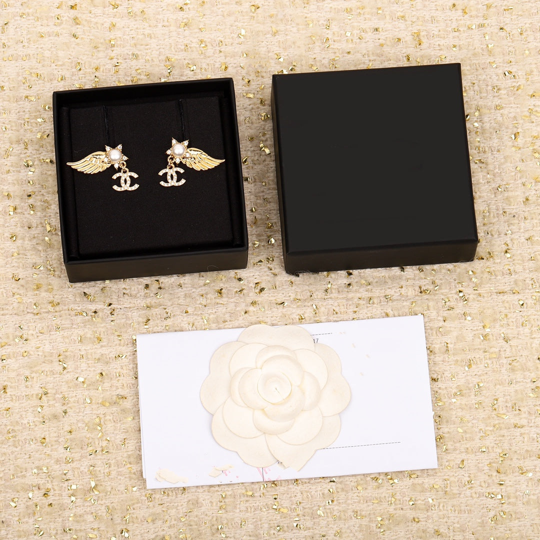Chanel Wing Double C Gold Diamonds Earrings
